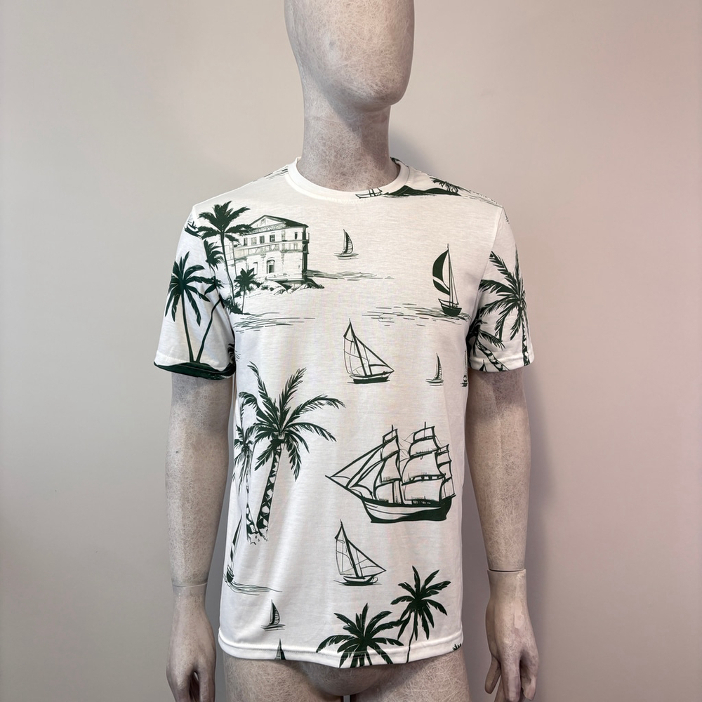 Shein Men's Large White & Green Tropical Beach & Palm Tree T-Shirt NIB